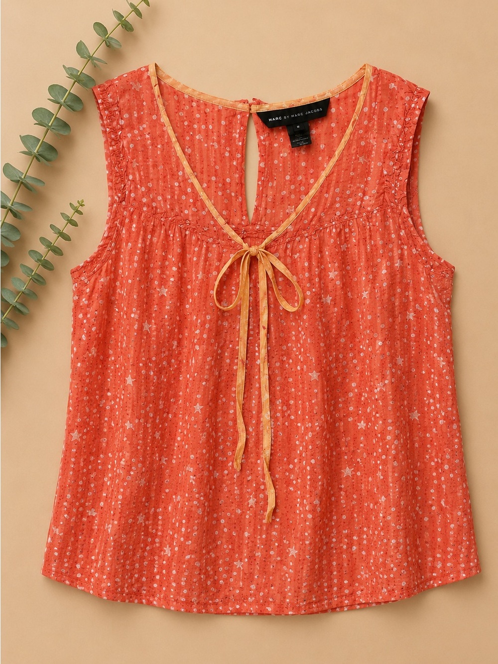 Marc by Marc Jacobs Coral Star Polka Dot Tie Neck Sleeveless Blouse Small - Picture 1 of 4